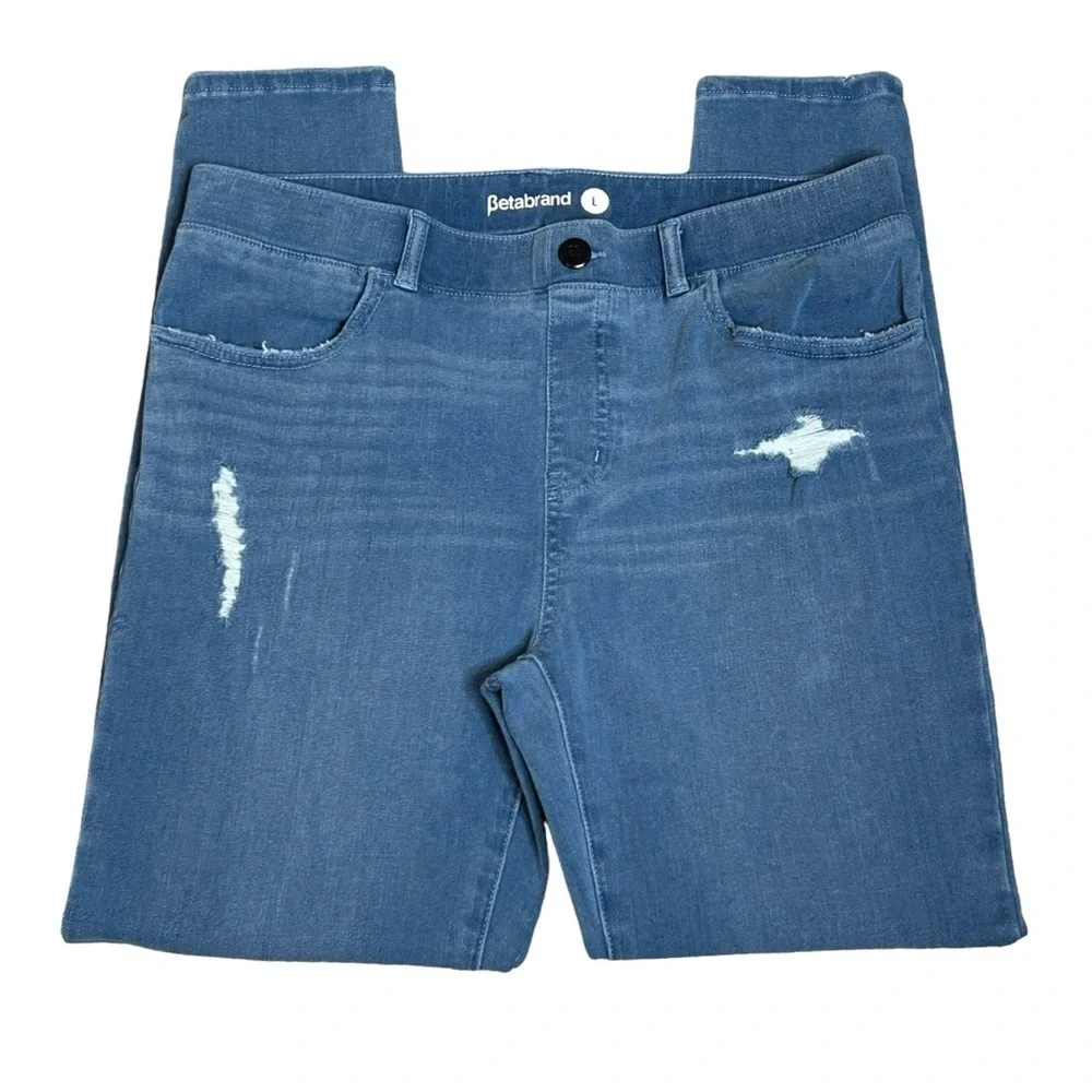 BETABRAND Denim blue jeans Pull on Skinny leg 4 pocket Stretchy Size Large
